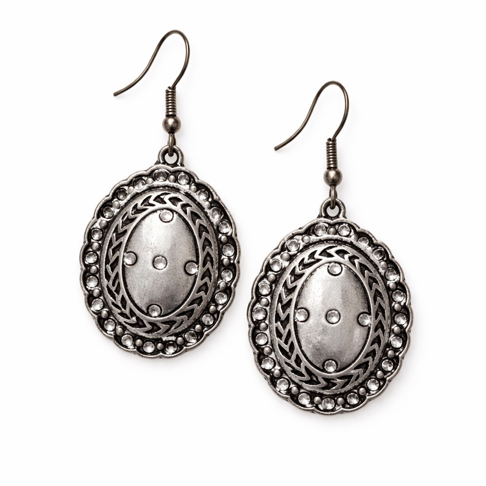 Antiqued Silver Oval Dangle Earrings – Boho Western